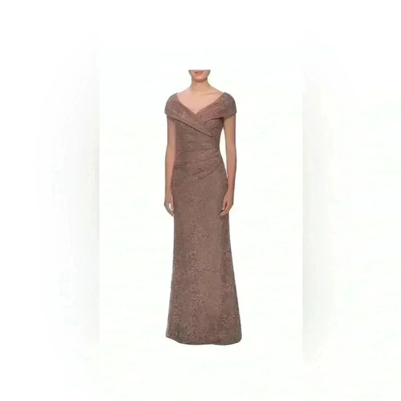 La Femme Dresses & Skirts - NEW La Femme Lace Overlay rhinestone off shoulder cap sleeve cocoa dress gown 2